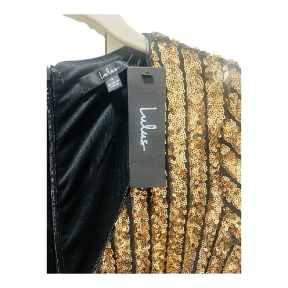 NWT Lulu's Elegant Gold Sequin Black Party Tulip Mini Dress |  New Years Eve - Picture 15 of 16
